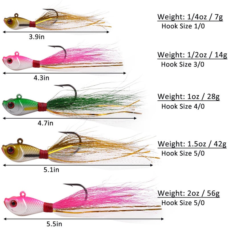 JSHANMEI 5pcs Bucktail Jigs Saltwater Fishing Lures Bucktail Fishing Jigs Surf Fishing Lure Swimbait Jig Heads Hook for Bass Walleye Flounder Striper 2oz - Image 5